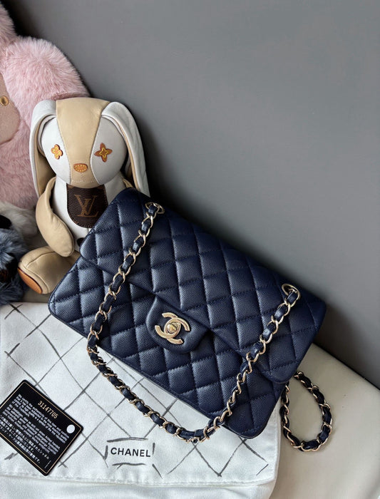 Pre-owned Certified Chanel Small Classic Flap CF Navy Blue Caviar Leather with Light Golden Hardware, 2021, w/ Full Set - Chanel Box, Authenticity Card, Dust Bag