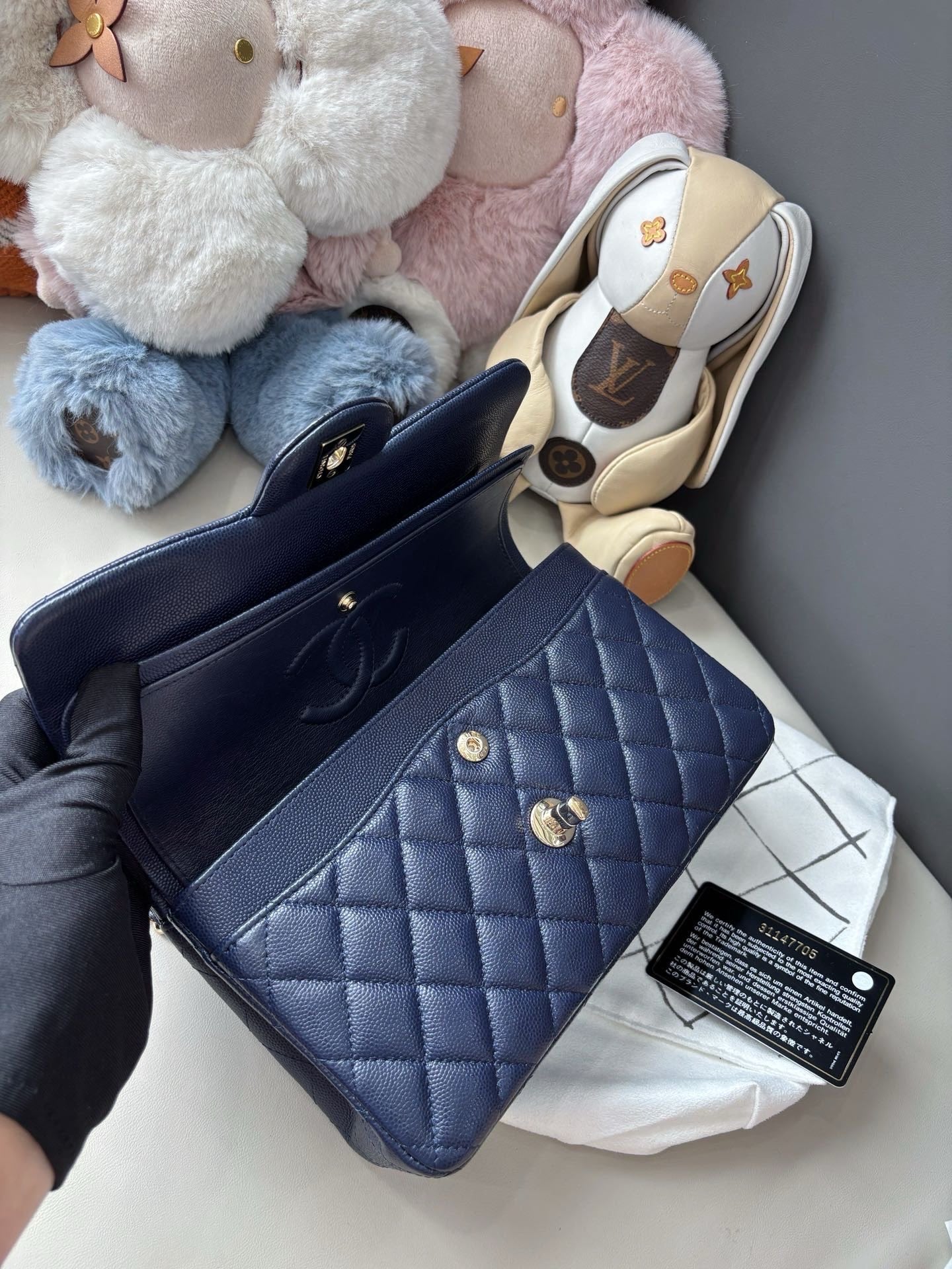 Pre-owned Certified Chanel Small Classic Flap CF Navy Blue Caviar Leather with Light Golden Hardware, 2021, w/ Full Set - Chanel Box, Authenticity Card, Dust Bag