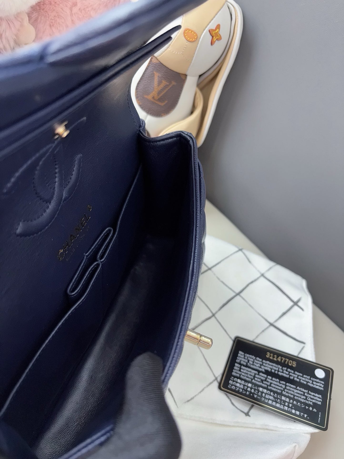Pre-owned Certified Chanel Small Classic Flap CF Navy Blue Caviar Leather with Light Golden Hardware, 2021, w/ Full Set - Chanel Box, Authenticity Card, Dust Bag