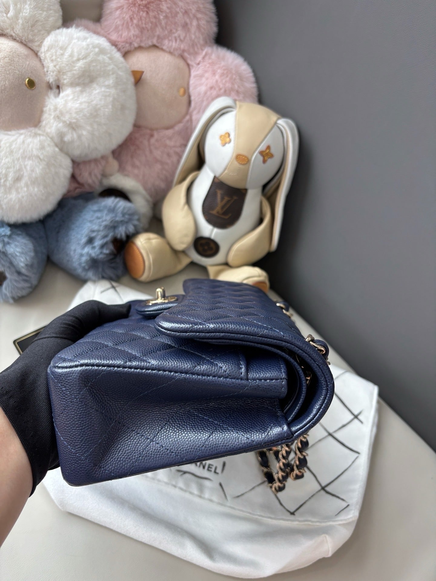 Pre-owned Certified Chanel Small Classic Flap CF Navy Blue Caviar Leather with Light Golden Hardware, 2021, w/ Full Set - Chanel Box, Authenticity Card, Dust Bag
