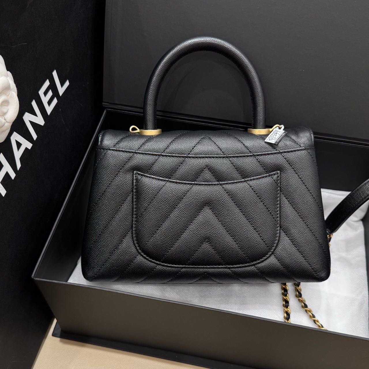 Pre-owned Certified Chanel Small Coco Handel in Black Caviar Leather with Golden Hardware, 2019, w/box, dust bag, strap