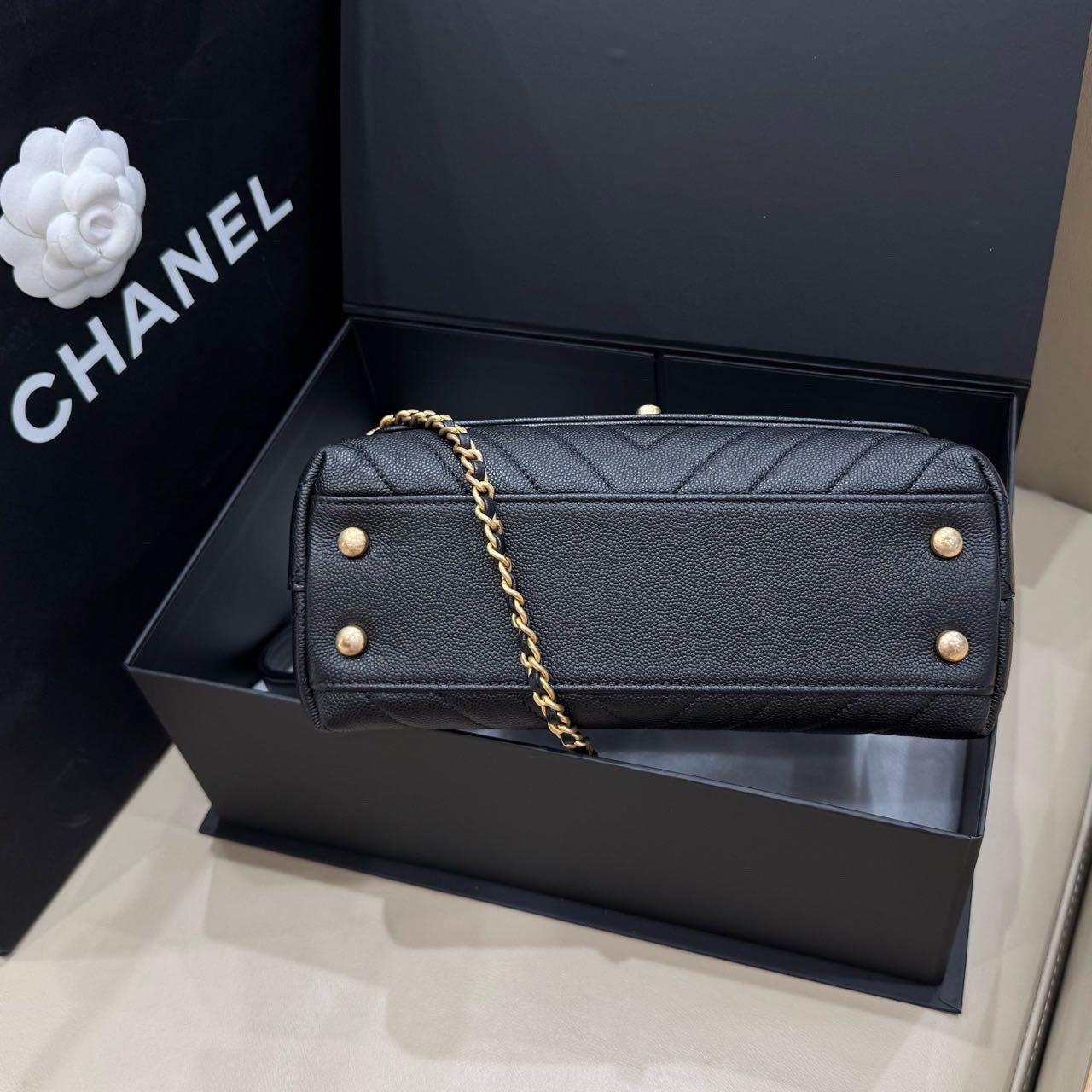 Pre-owned Certified Chanel Small Coco Handel in Black Caviar Leather with Golden Hardware, 2019, w/box, dust bag, strap
