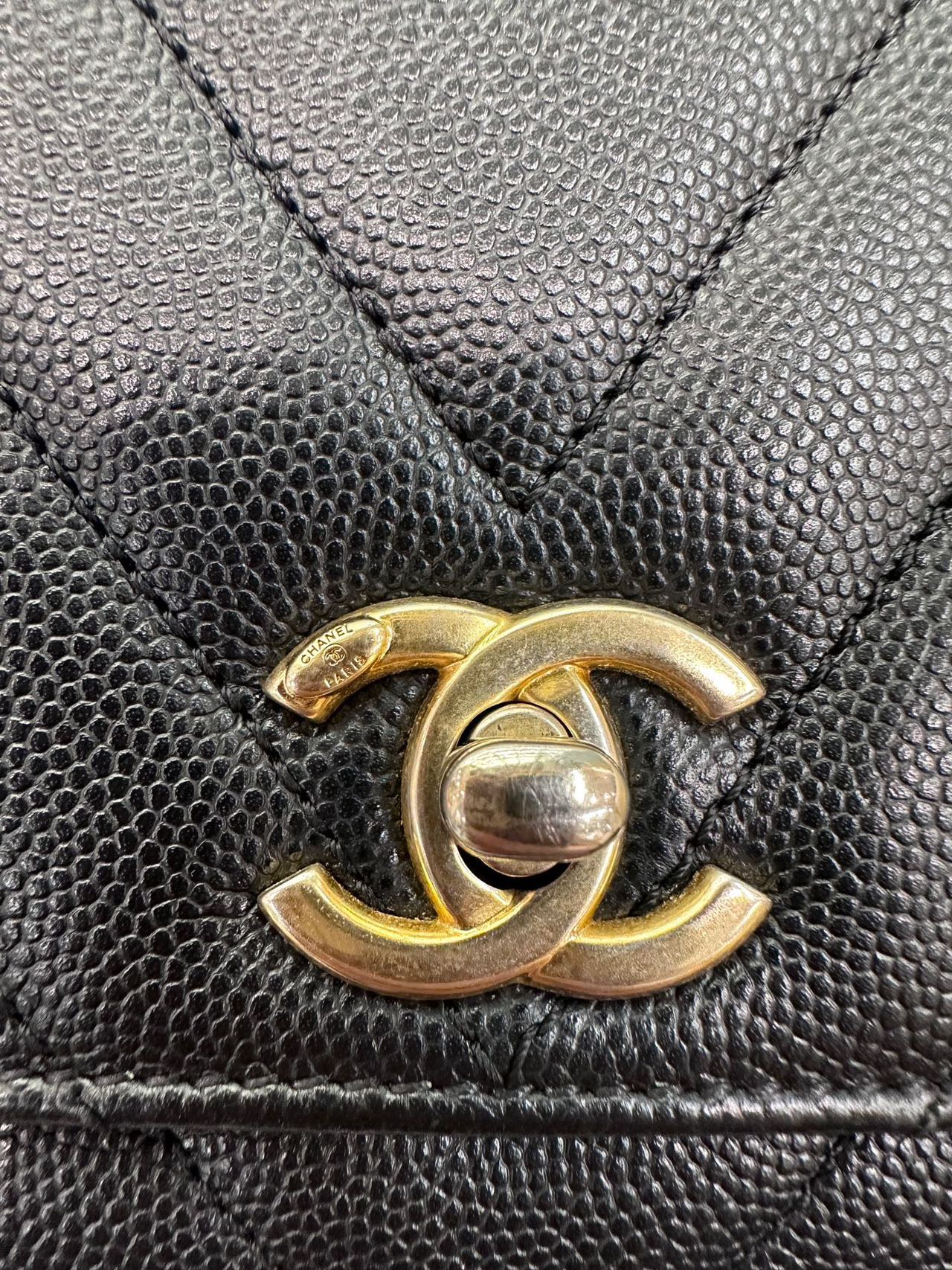 Pre-owned Certified Chanel Small Coco Handel in Black Caviar Leather with Golden Hardware, 2019, w/box, dust bag, strap