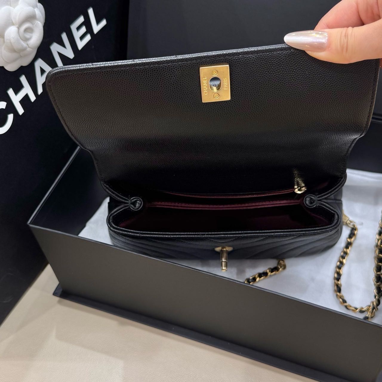 Pre-owned Certified Chanel Small Coco Handel in Black Caviar Leather with Golden Hardware, 2019, w/box, dust bag, strap