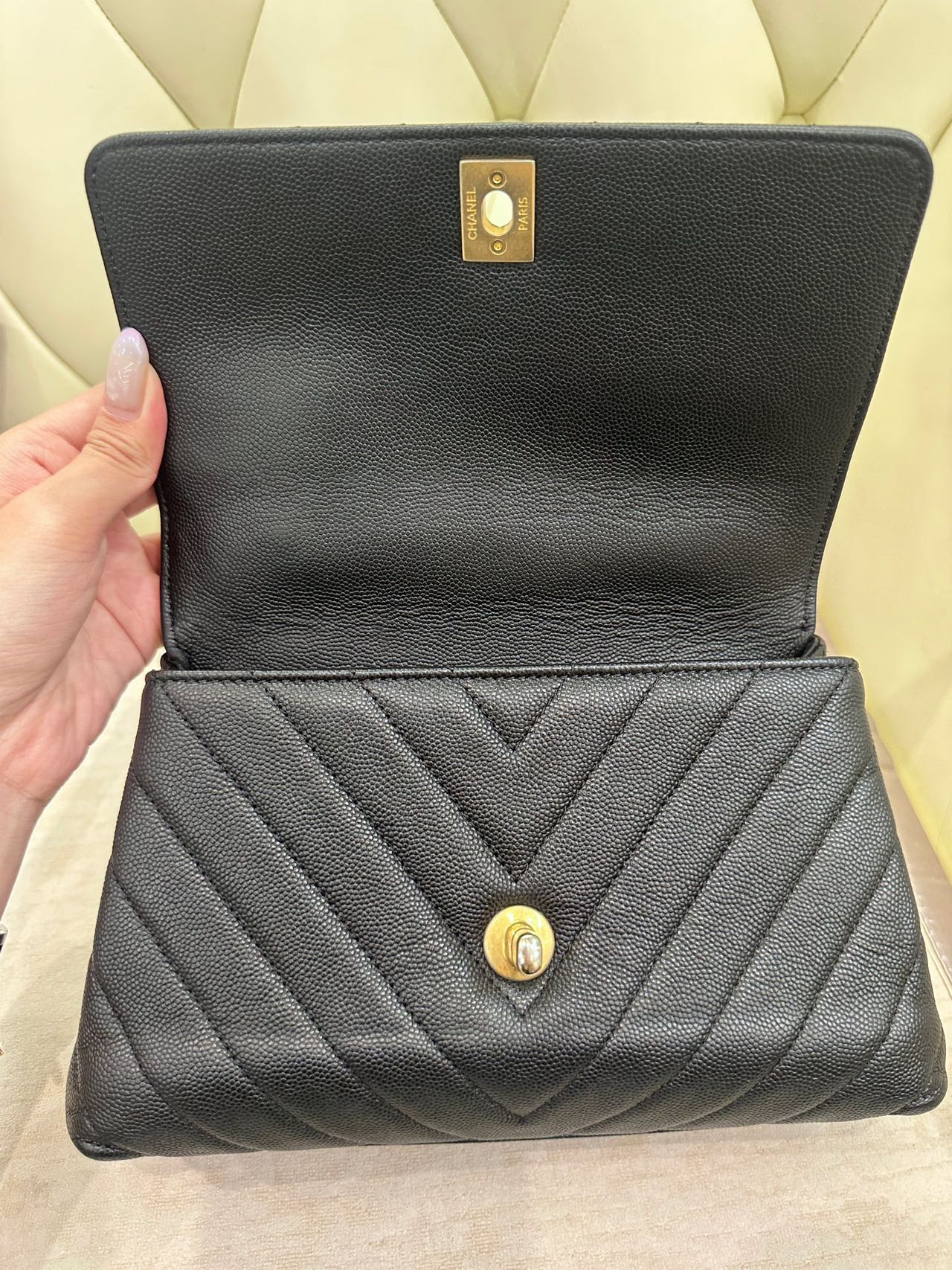 Pre-owned Certified Chanel Small Coco Handel in Black Caviar Leather with Golden Hardware, 2019, w/box, dust bag, strap
