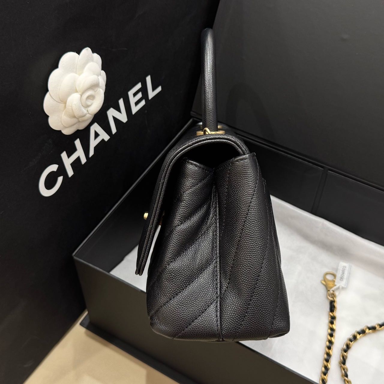 Pre-owned Certified Chanel Small Coco Handel in Black Caviar Leather with Golden Hardware, 2019, w/box, dust bag, strap