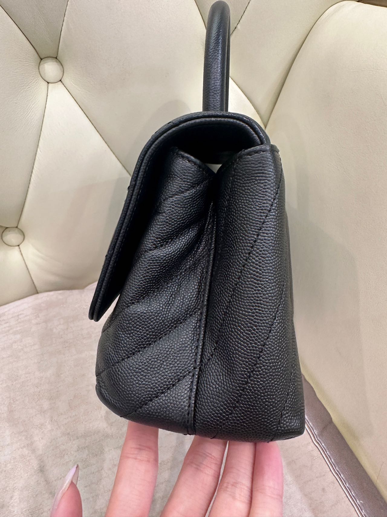 Pre-owned Certified Chanel Small Coco Handel in Black Caviar Leather with Golden Hardware, 2019, w/box, dust bag, strap