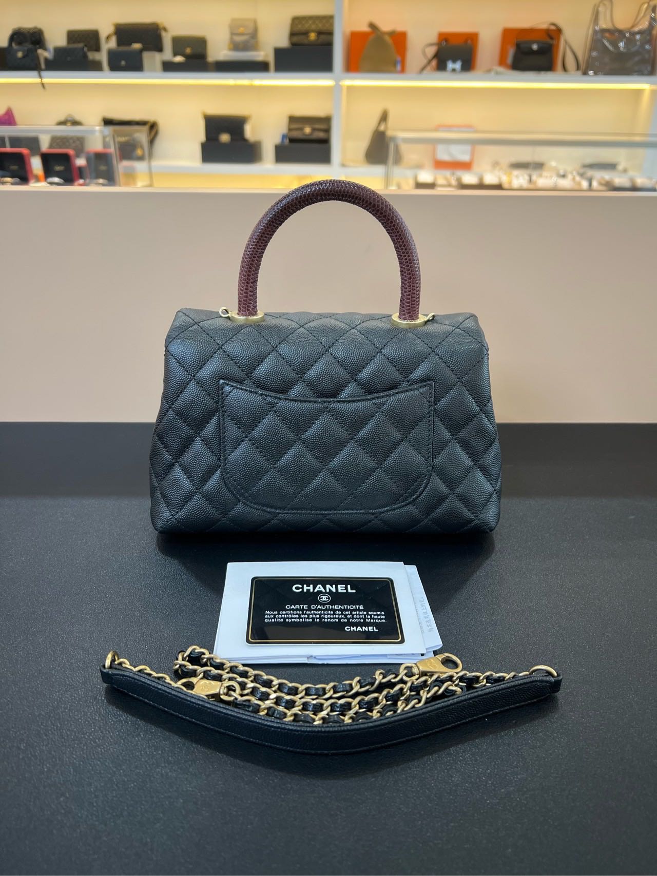 Pre-owned Certified Chanel Small Coco Handle in Black Caviar Leather with Natural Lizard Top Handle with Golden Hardware, 2017-2018,w/card, dust bag