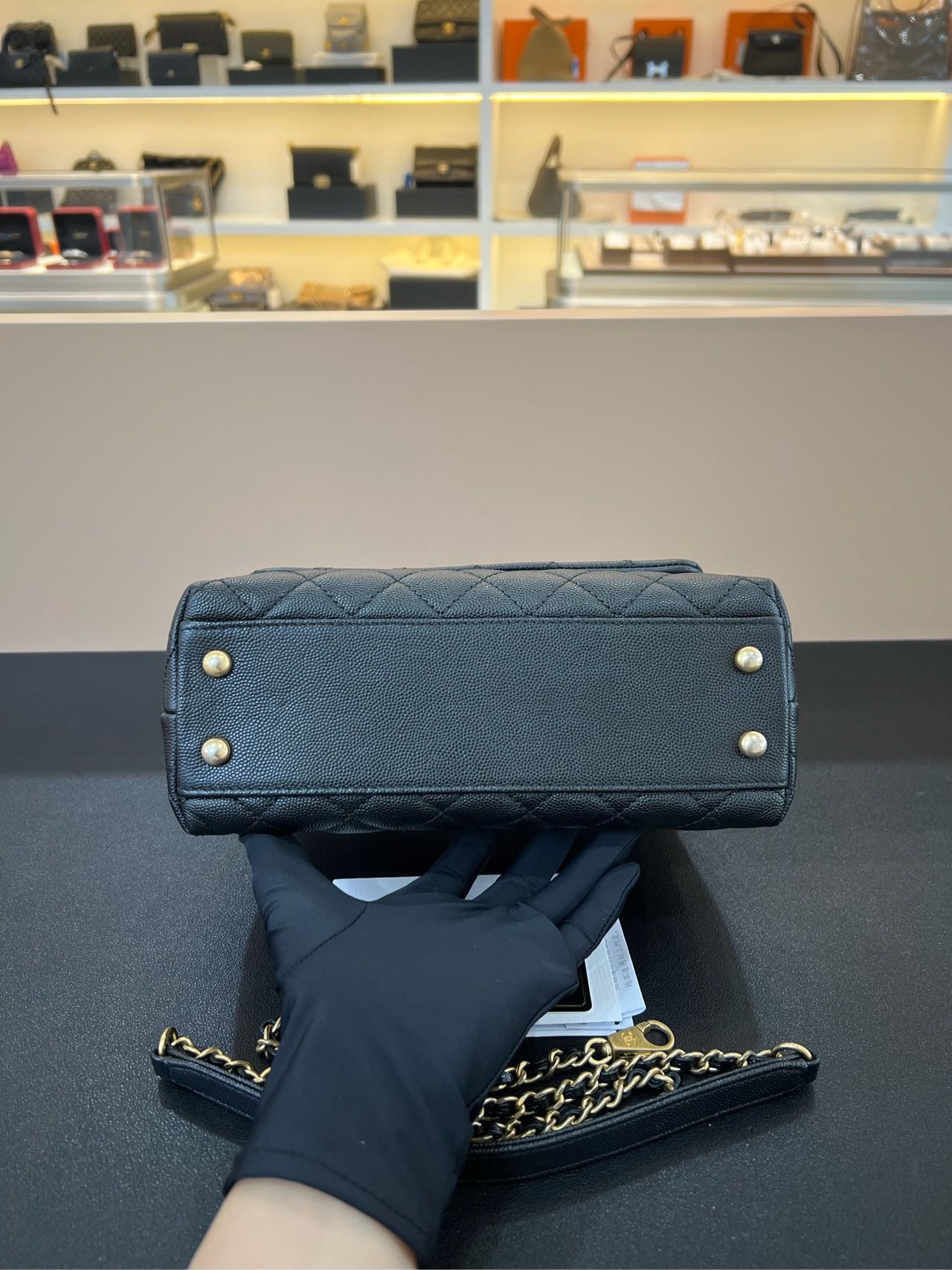 Pre-owned Certified Chanel Small Coco Handle in Black Caviar Leather with Natural Lizard Top Handle with Golden Hardware, 2017-2018,w/card, dust bag