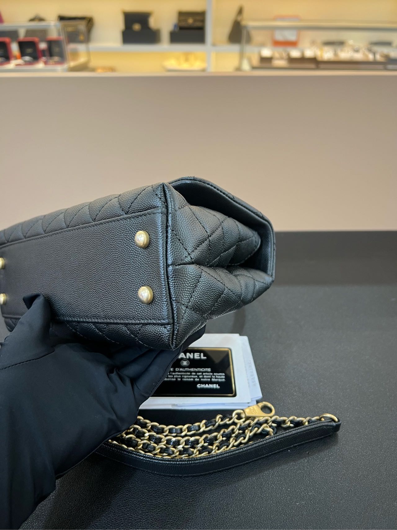Pre-owned Certified Chanel Small Coco Handle in Black Caviar Leather with Natural Lizard Top Handle with Golden Hardware, 2017-2018,w/card, dust bag