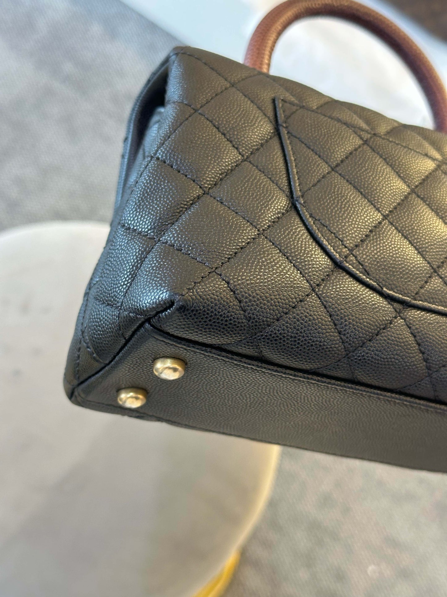Pre-owned Certified Chanel Small Coco Handle in Black Caviar Leather with Natural Lizard Top Handle with Golden Hardware, 2017-2018,w/card, dust bag