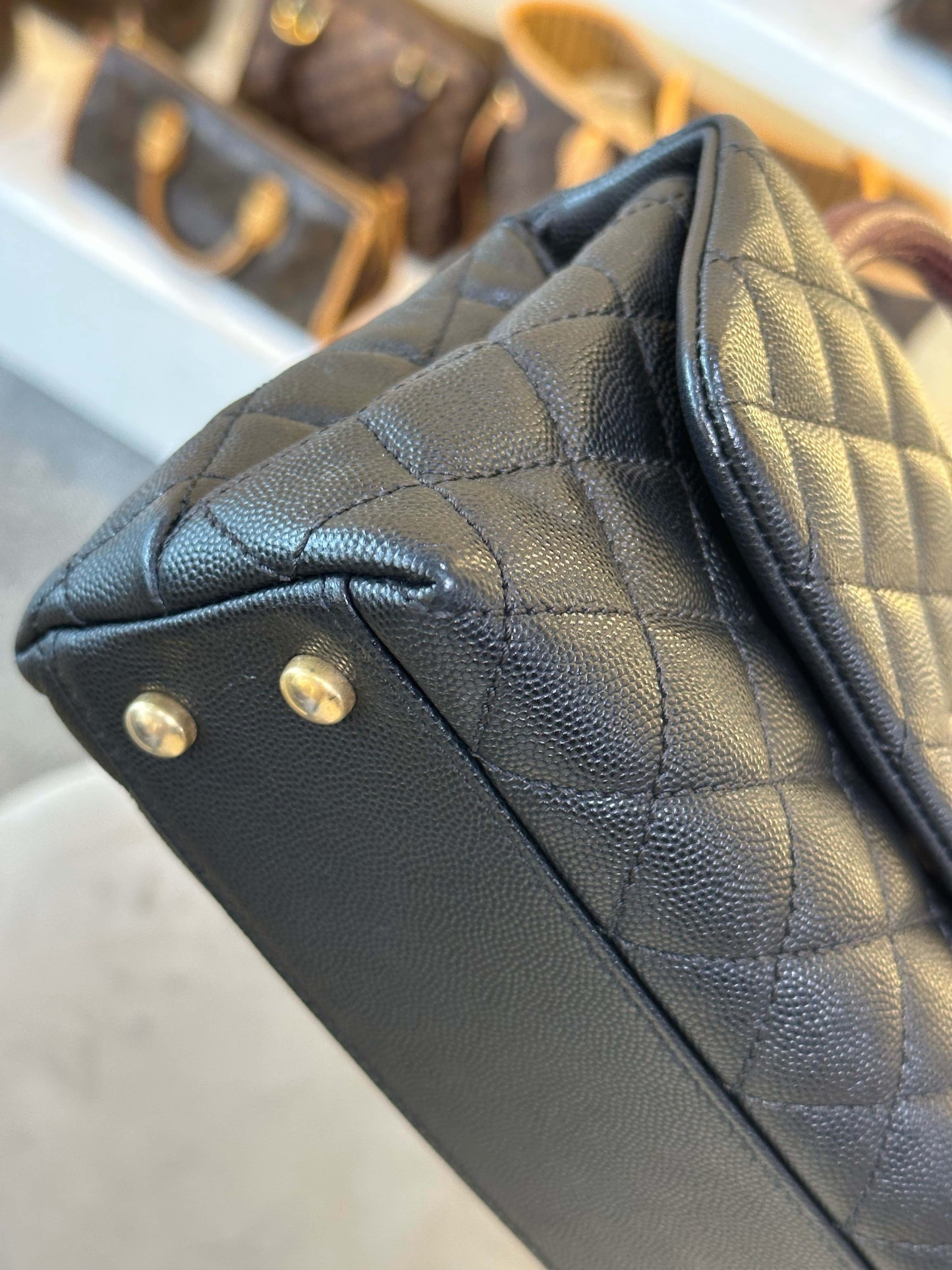 Pre-owned Certified Chanel Small Coco Handle in Black Caviar Leather with Natural Lizard Top Handle with Golden Hardware, 2017-2018,w/card, dust bag