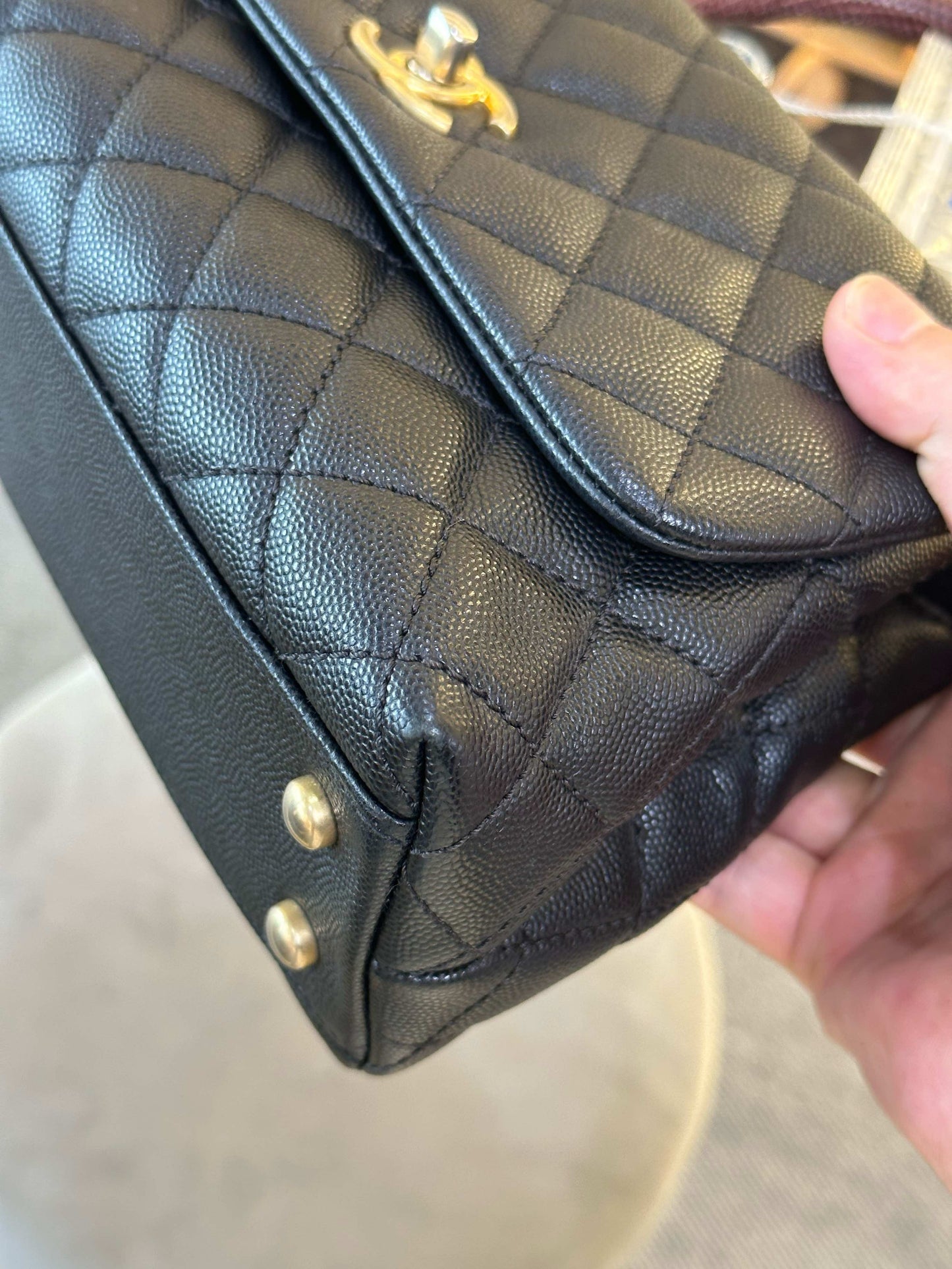 Pre-owned Certified Chanel Small Coco Handle in Black Caviar Leather with Natural Lizard Top Handle with Golden Hardware, 2017-2018,w/card, dust bag