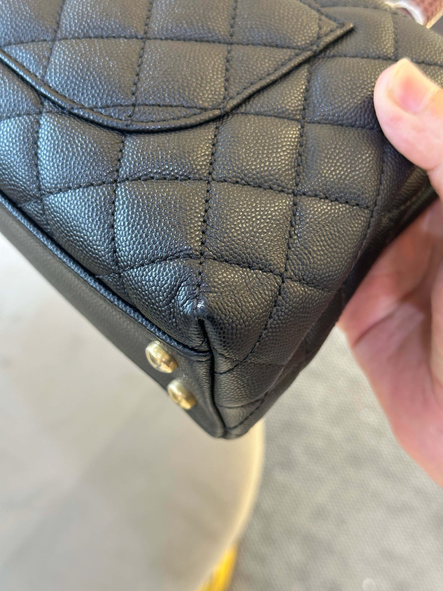 Pre-owned Certified Chanel Small Coco Handle in Black Caviar Leather with Natural Lizard Top Handle with Golden Hardware, 2017-2018,w/card, dust bag
