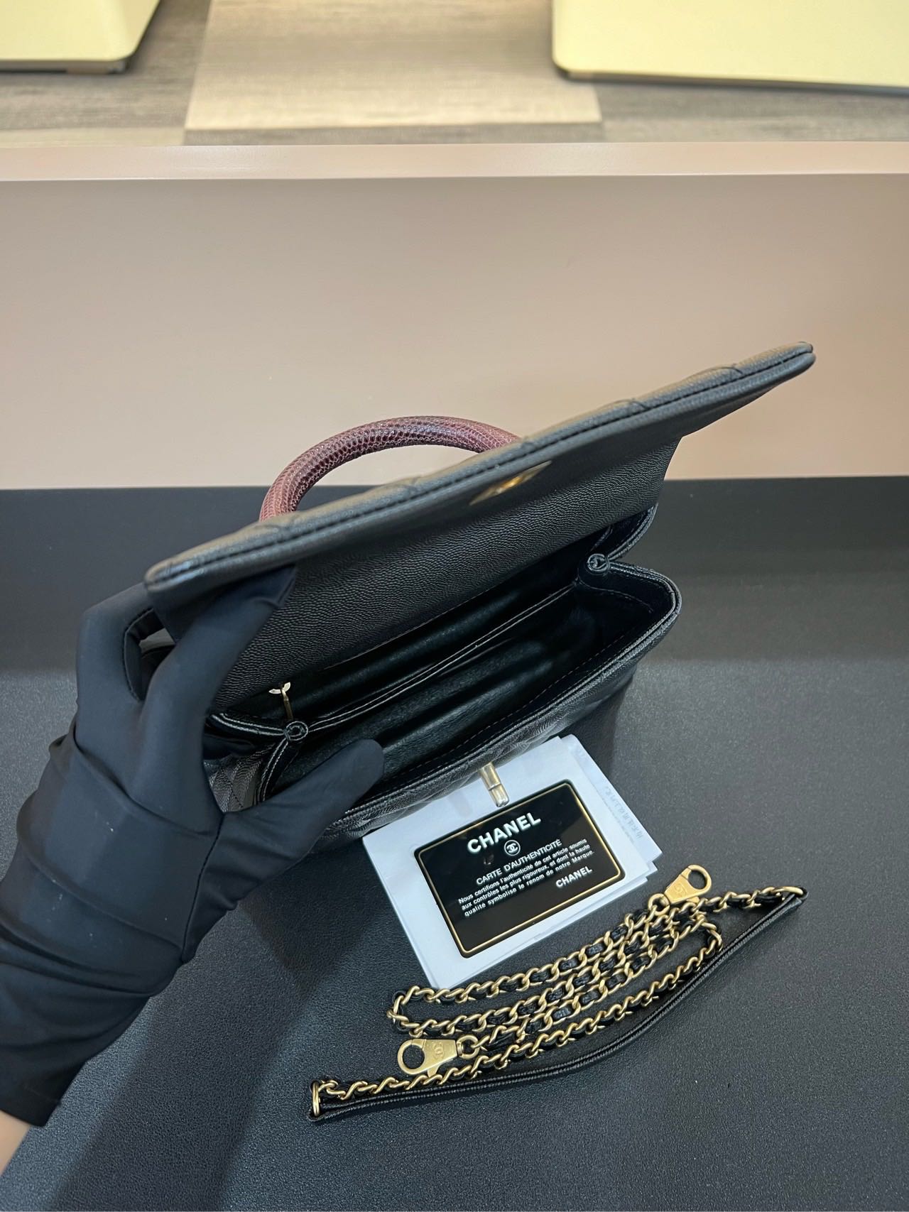 Pre-owned Certified Chanel Small Coco Handle in Black Caviar Leather with Natural Lizard Top Handle with Golden Hardware, 2017-2018,w/card, dust bag