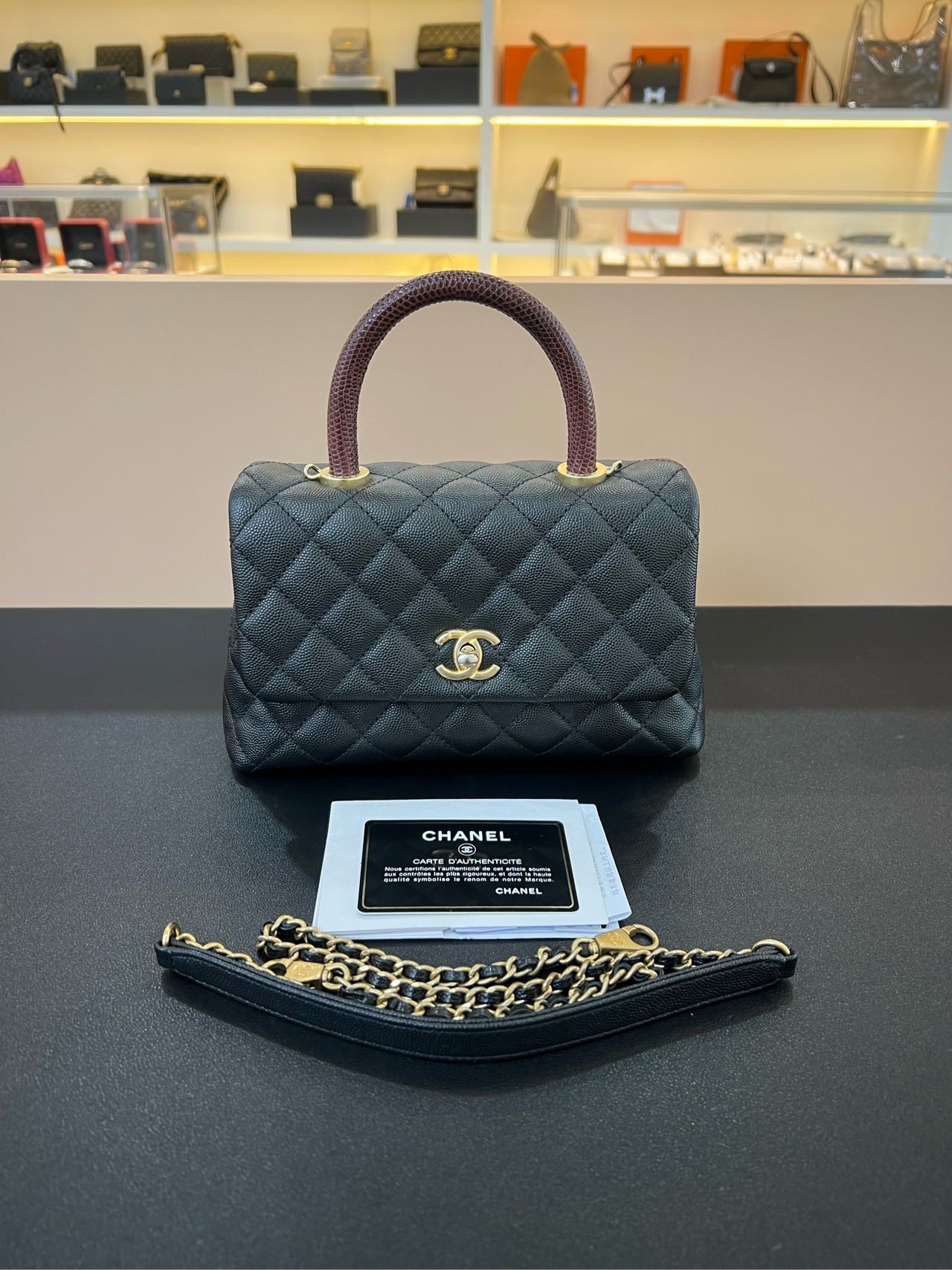 Pre-owned Certified Chanel Small Coco Handle in Black Caviar Leather with Natural Lizard Top Handle with Golden Hardware, 2017-2018,w/card, dust bag