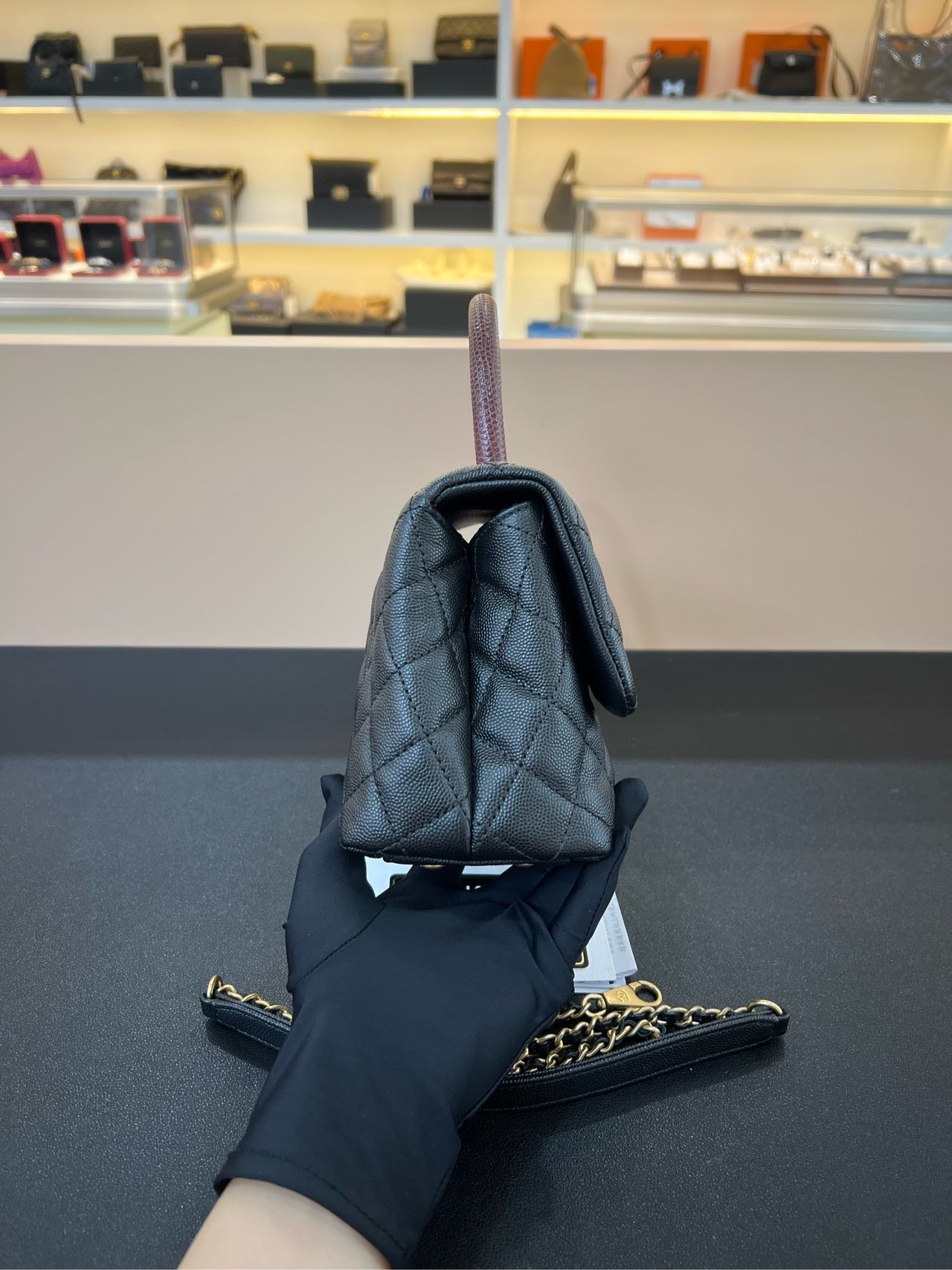 Pre-owned Certified Chanel Small Coco Handle in Black Caviar Leather with Natural Lizard Top Handle with Golden Hardware, 2017-2018,w/card, dust bag