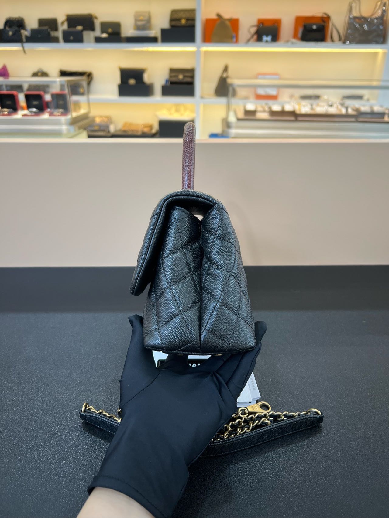 Pre-owned Certified Chanel Small Coco Handle in Black Caviar Leather with Natural Lizard Top Handle with Golden Hardware, 2017-2018,w/card, dust bag