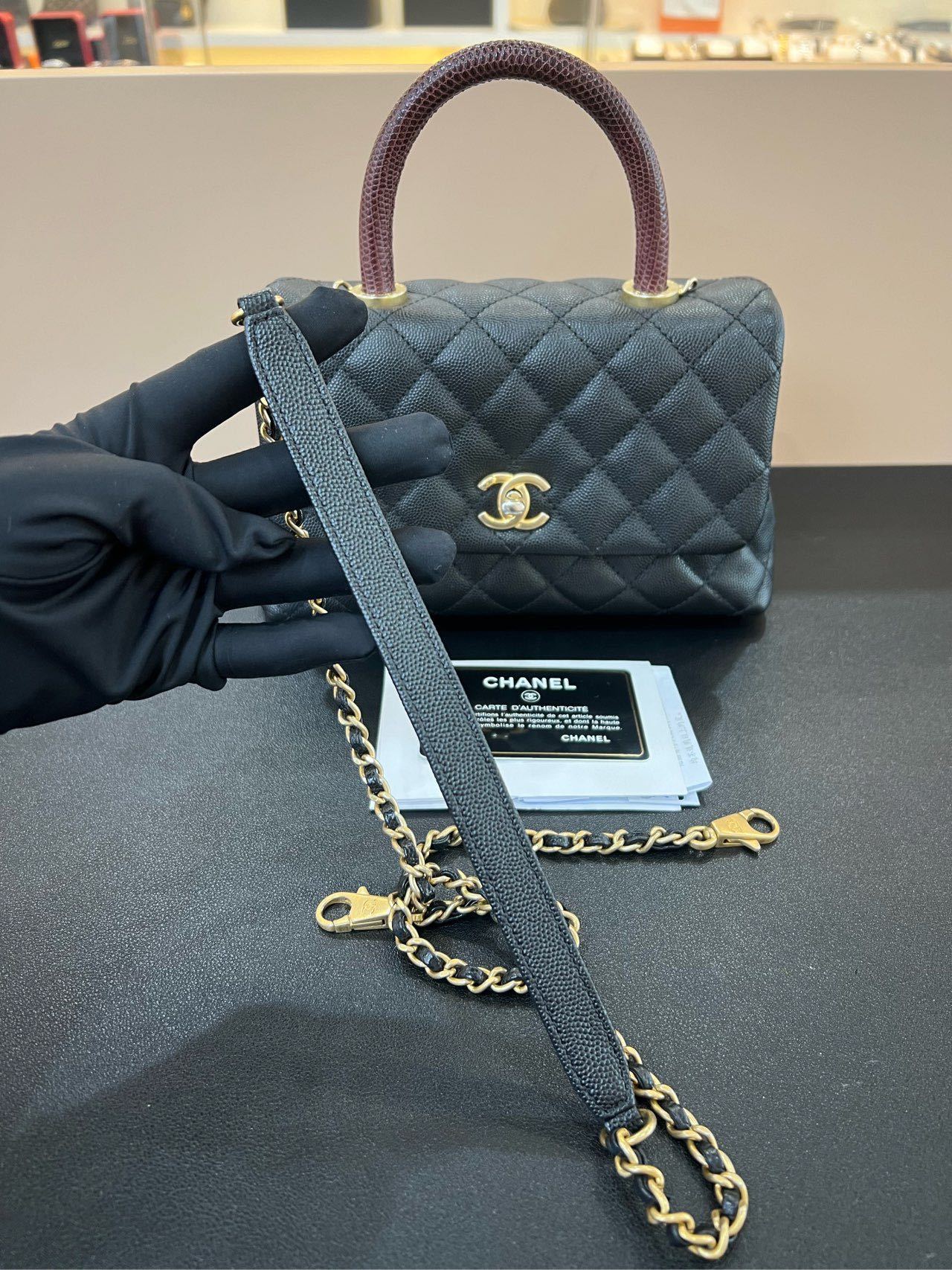 Pre-owned Certified Chanel Small Coco Handle in Black Caviar Leather with Natural Lizard Top Handle with Golden Hardware, 2017-2018,w/card, dust bag