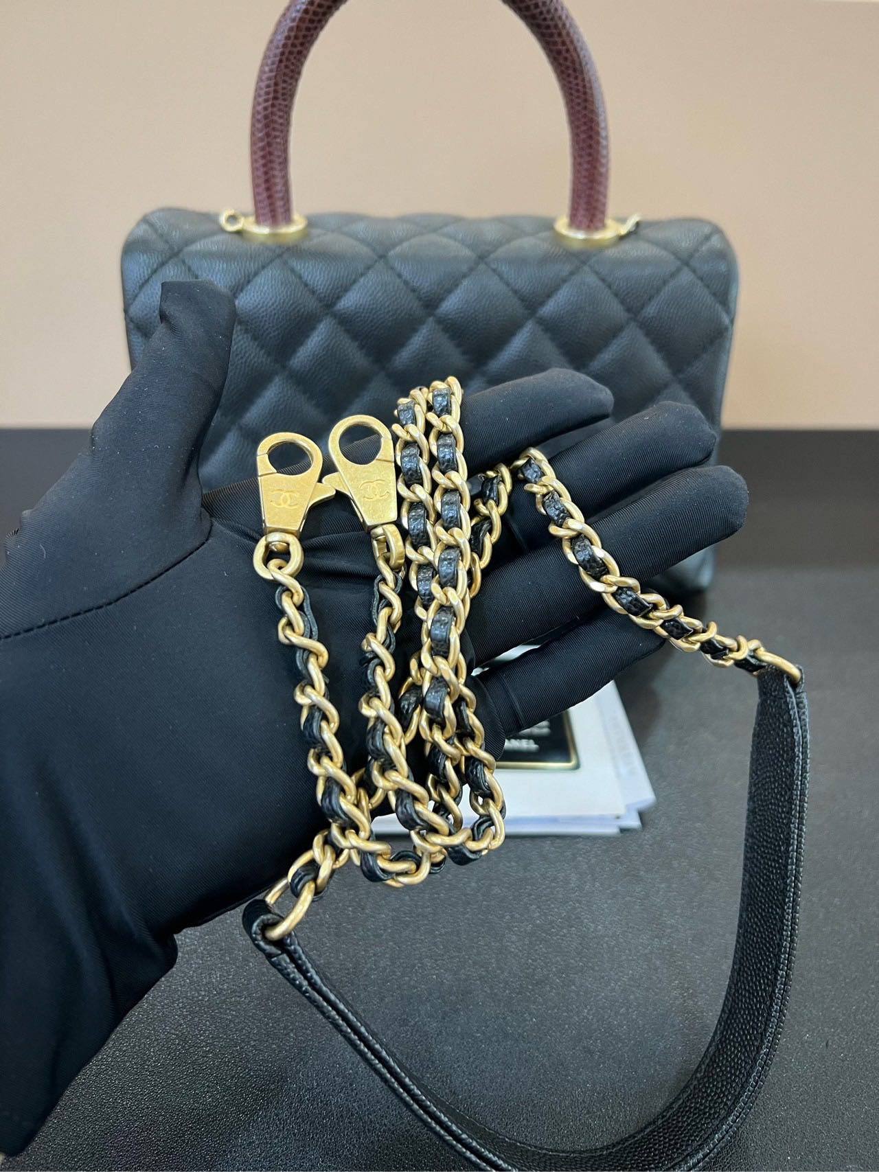 Pre-owned Certified Chanel Small Coco Handle in Black Caviar Leather with Natural Lizard Top Handle with Golden Hardware, 2017-2018,w/card, dust bag
