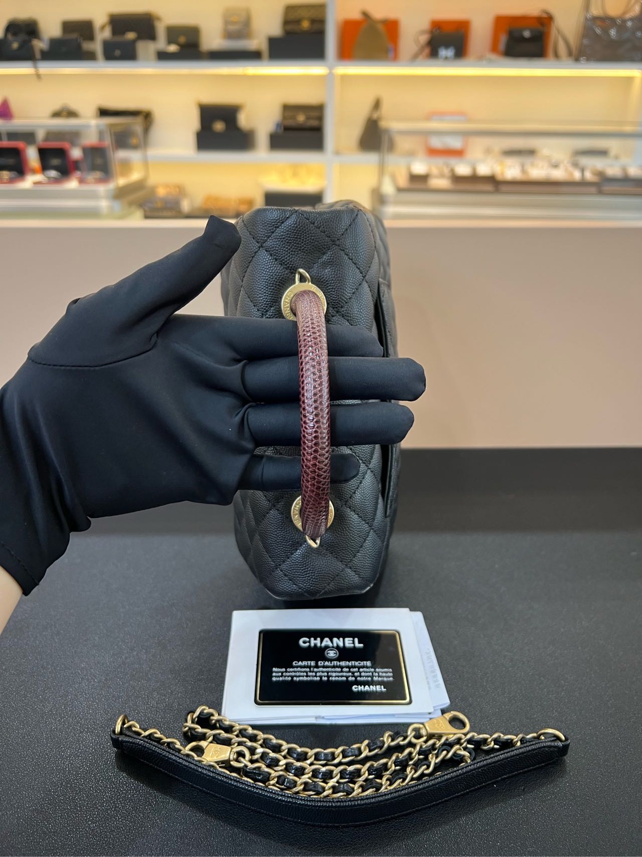 Pre-owned Certified Chanel Small Coco Handle in Black Caviar Leather with Natural Lizard Top Handle with Golden Hardware, 2017-2018,w/card, dust bag