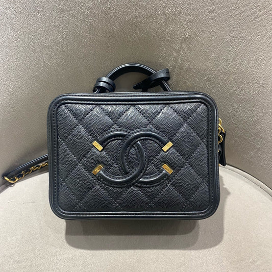 Pre-owned Certified Chanel Small Filigree Vanity Case in Black Caviar Leather with Golden Hardware, 2018,  w/ Full Set