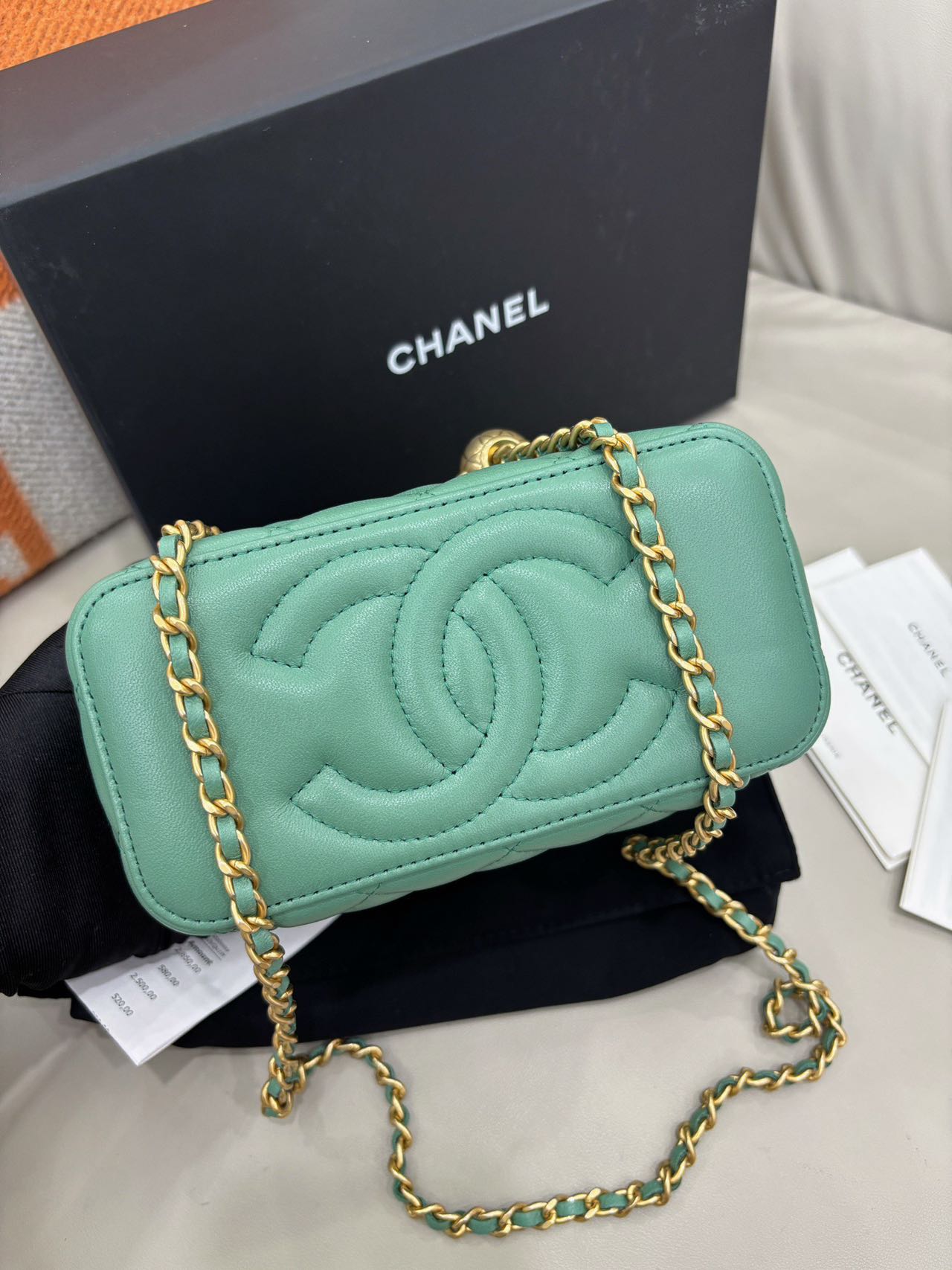 Pre-owned Certified Chanel Small Pearl Crush Vanity Case with Chain in Quilted Light Green Lambskin with Golden Hardware, 2022 Microchipped, w/full set