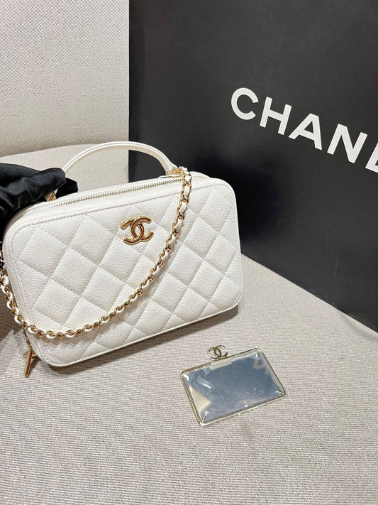Pre-owned Certified Chanel Small Top Handel Vanity Case with Chain in White Caviar Leather with Golden Hardware, 2022 Microchipped, w/mirror, full set