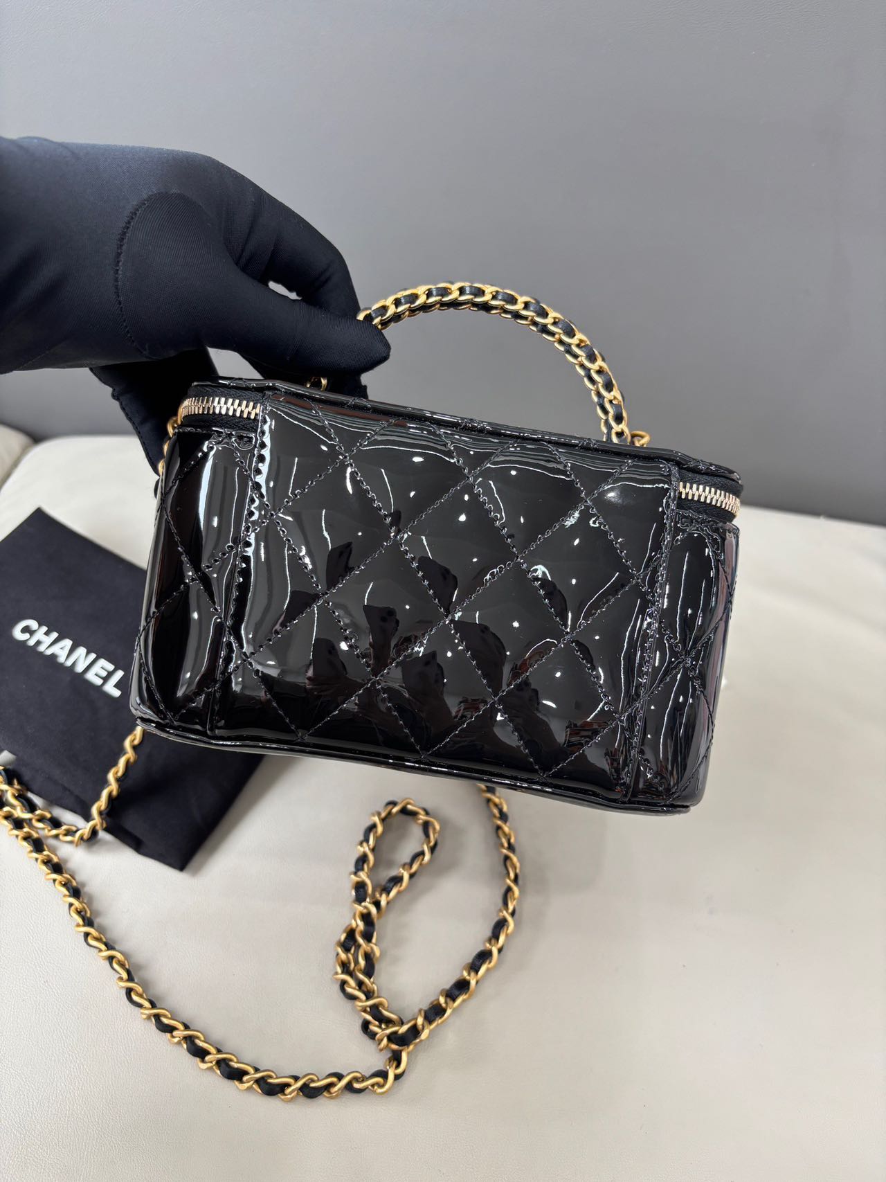 Pre-owned Certified Chanel Top Handle Vanity Case in Black Patent Leather with Golden Hardware, 2022 Microchipped, w/ Dust bag