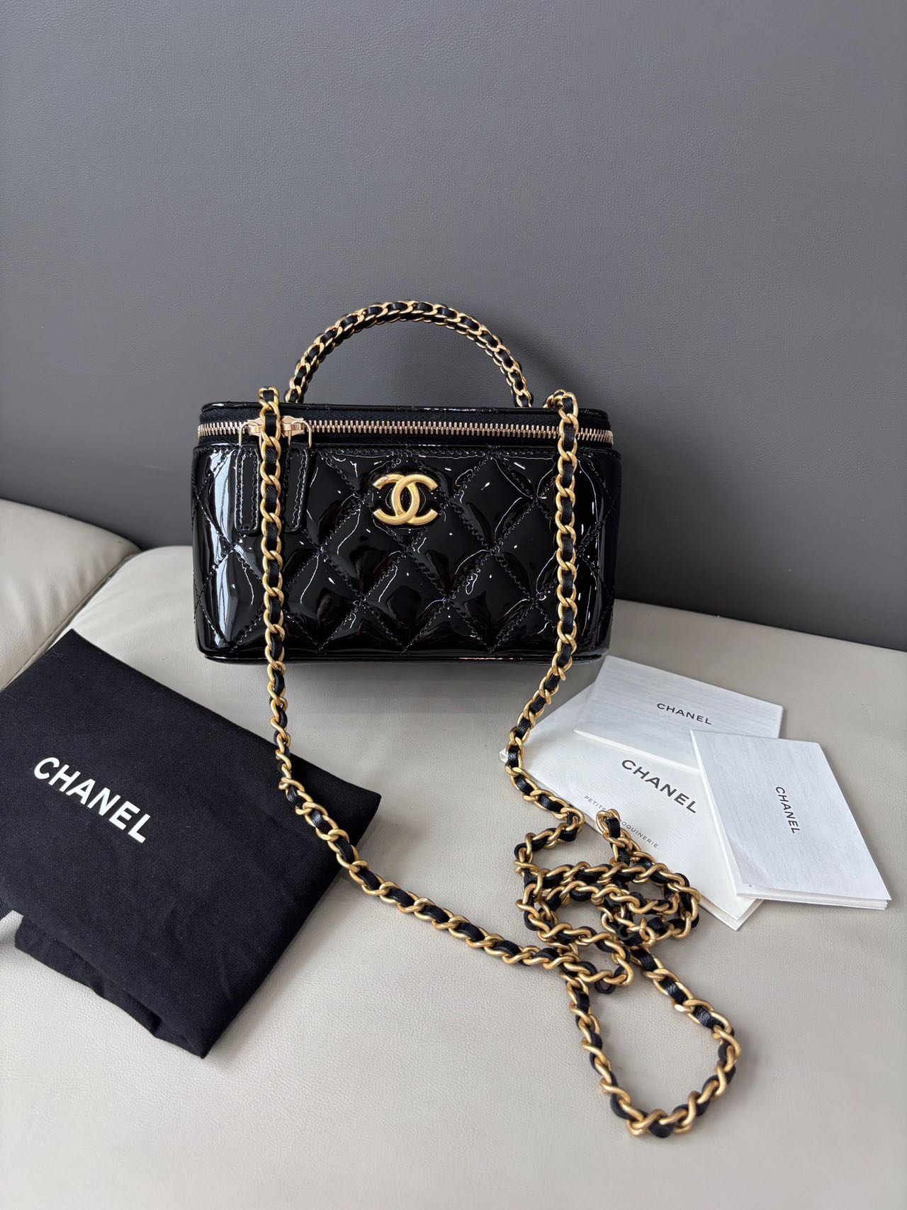 Pre-owned Certified Chanel Top Handle Vanity Case in Black Patent Leather with Golden Hardware, 2022 Microchipped, w/ Dust bag
