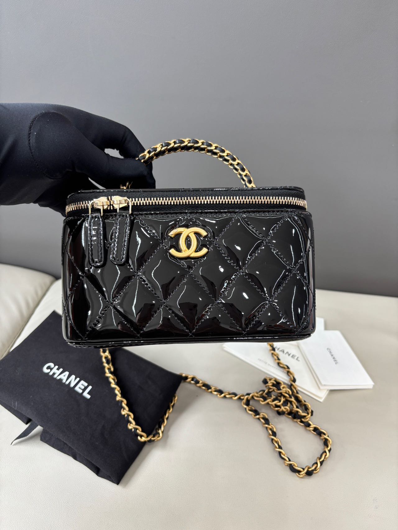 Pre-owned Certified Chanel Top Handle Vanity Case in Black Patent Leather with Golden Hardware, 2022 Microchipped, w/ Dust bag