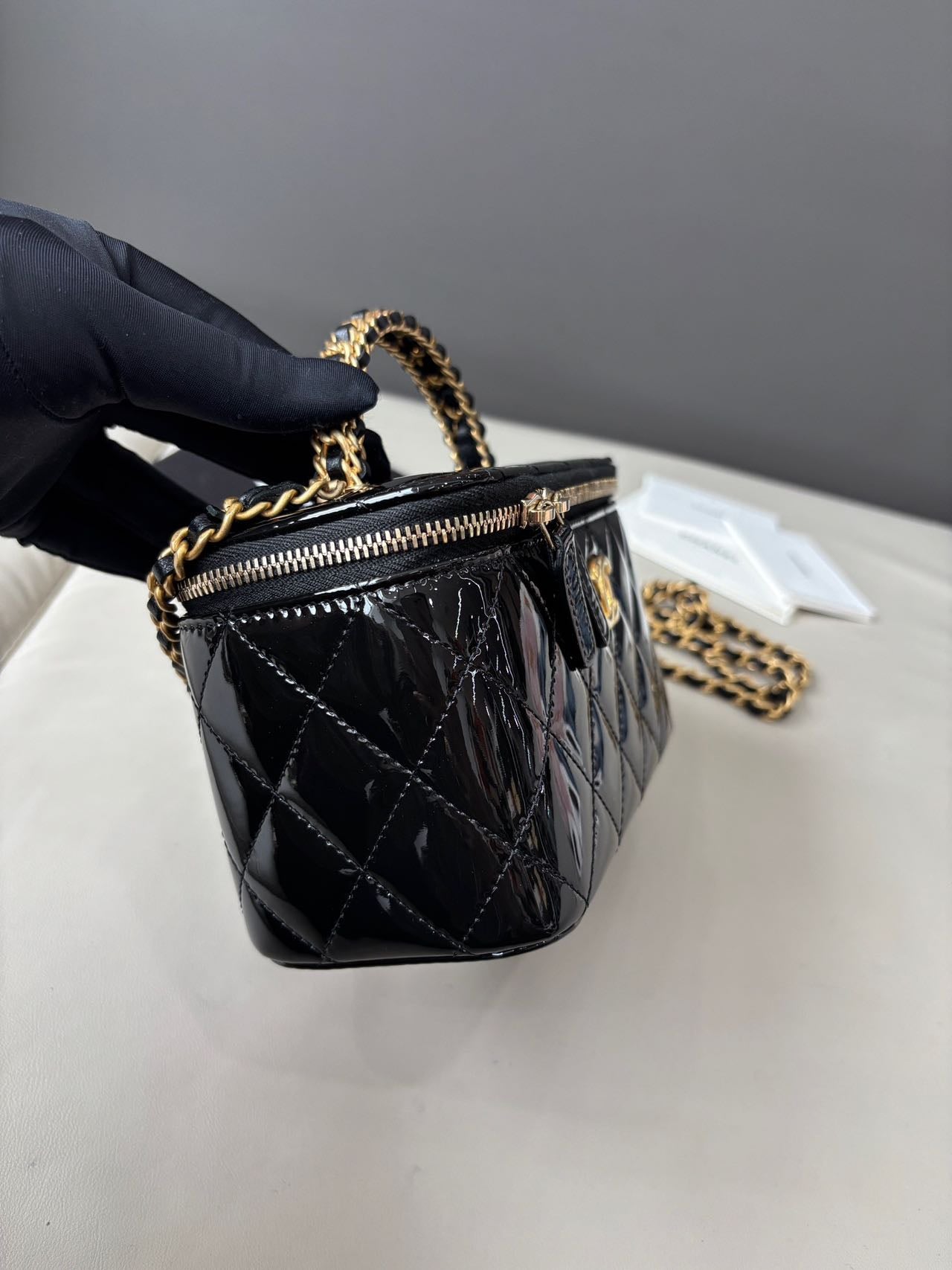 Pre-owned Certified Chanel Top Handle Vanity Case in Black Patent Leather with Golden Hardware, 2022 Microchipped, w/ Dust bag