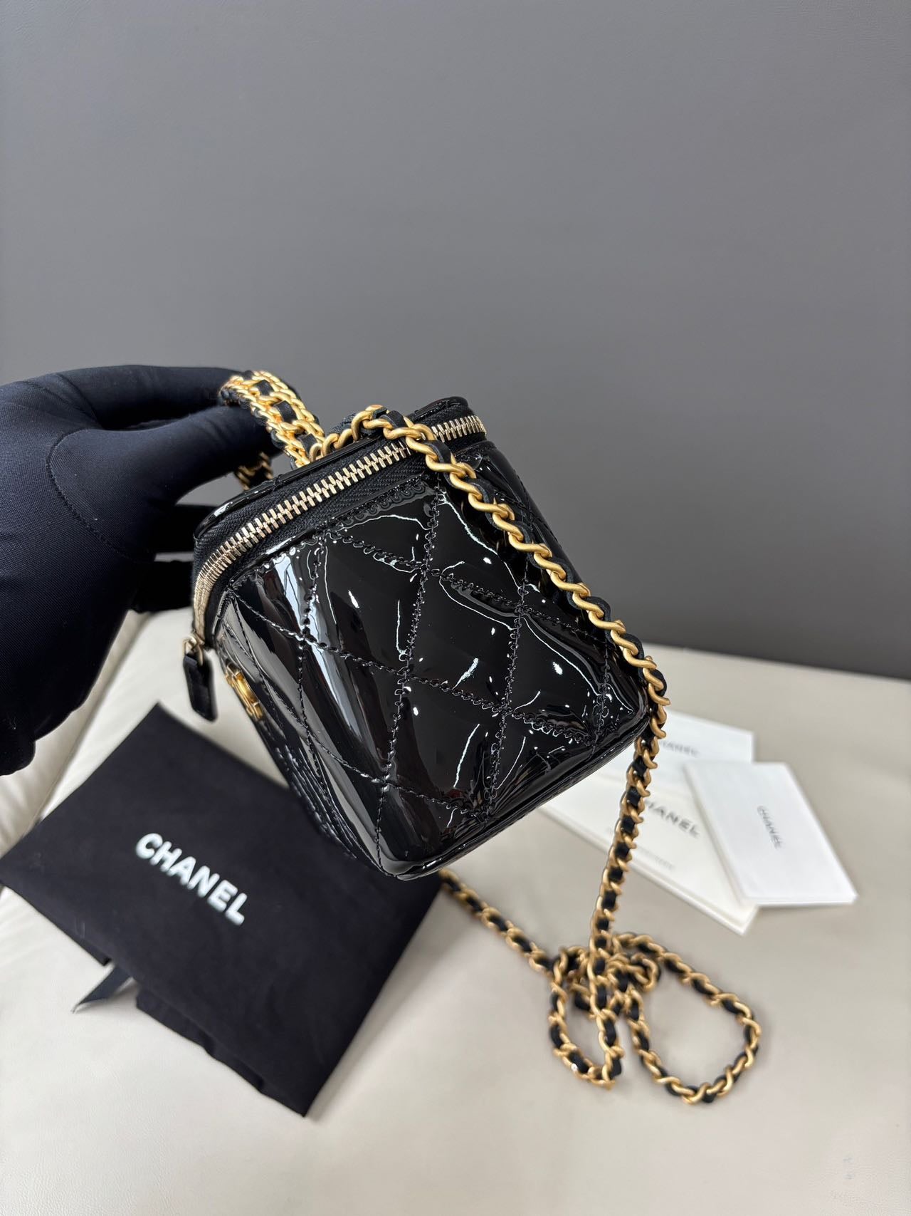 Pre-owned Certified Chanel Top Handle Vanity Case in Black Patent Leather with Golden Hardware, 2022 Microchipped, w/ Dust bag