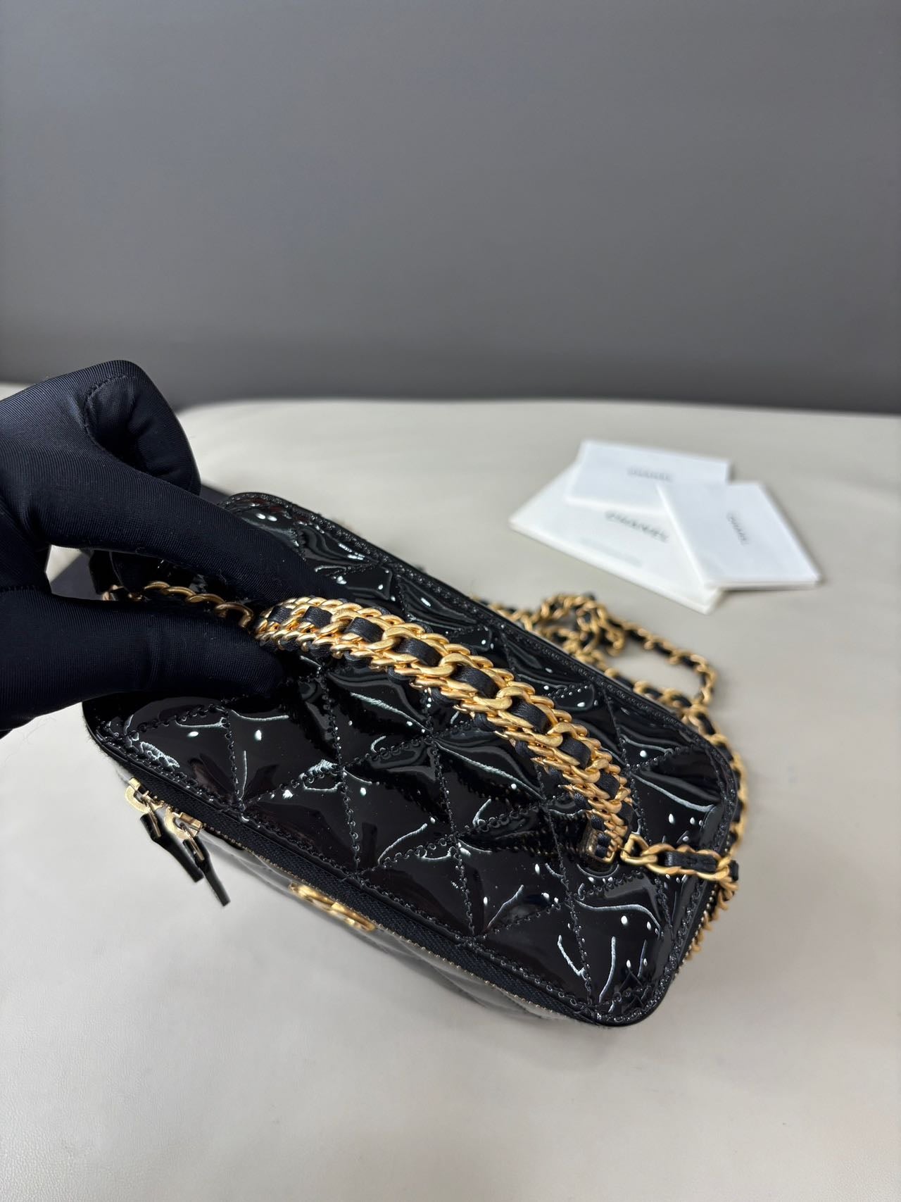 Pre-owned Certified Chanel Top Handle Vanity Case in Black Patent Leather with Golden Hardware, 2022 Microchipped, w/ Dust bag