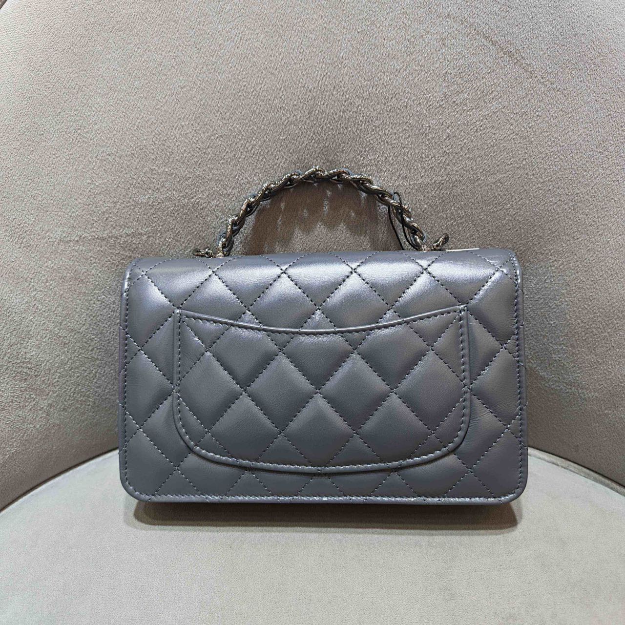 Pre-owned Certified Chanel Wallet on Chain with Top Handle in Grey Lambskin with Silver Hardware, 2023 Microchipped, w/ dust bag