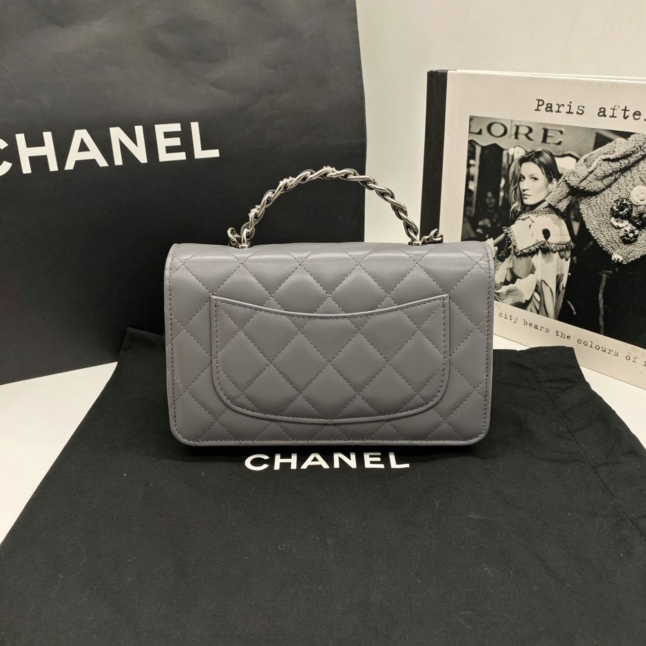 Pre-owned Certified Chanel Wallet on Chain with Top Handle in Grey Lambskin with Silver Hardware, 2023 Microchipped, w/ dust bag