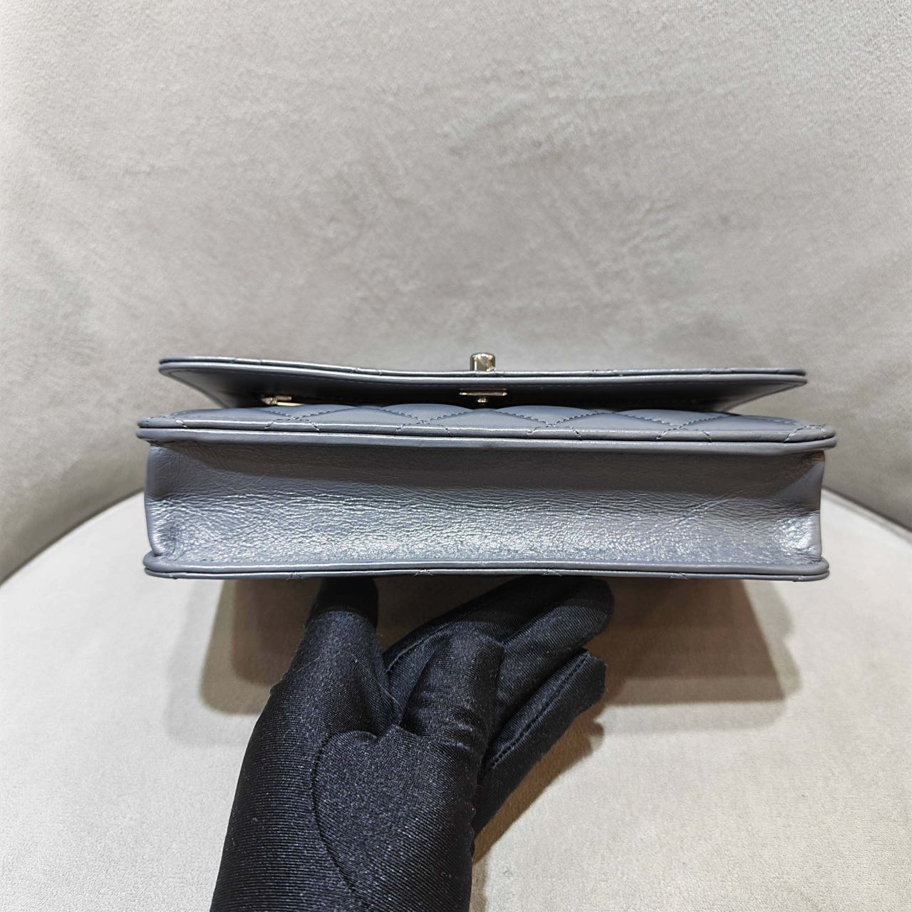 Pre-owned Certified Chanel Wallet on Chain with Top Handle in Grey Lambskin with Silver Hardware, 2023 Microchipped, w/ dust bag
