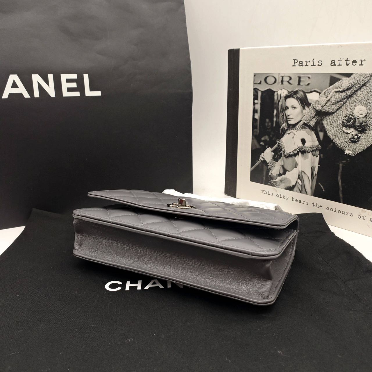 Pre-owned Certified Chanel Wallet on Chain with Top Handle in Grey Lambskin with Silver Hardware, 2023 Microchipped, w/ dust bag
