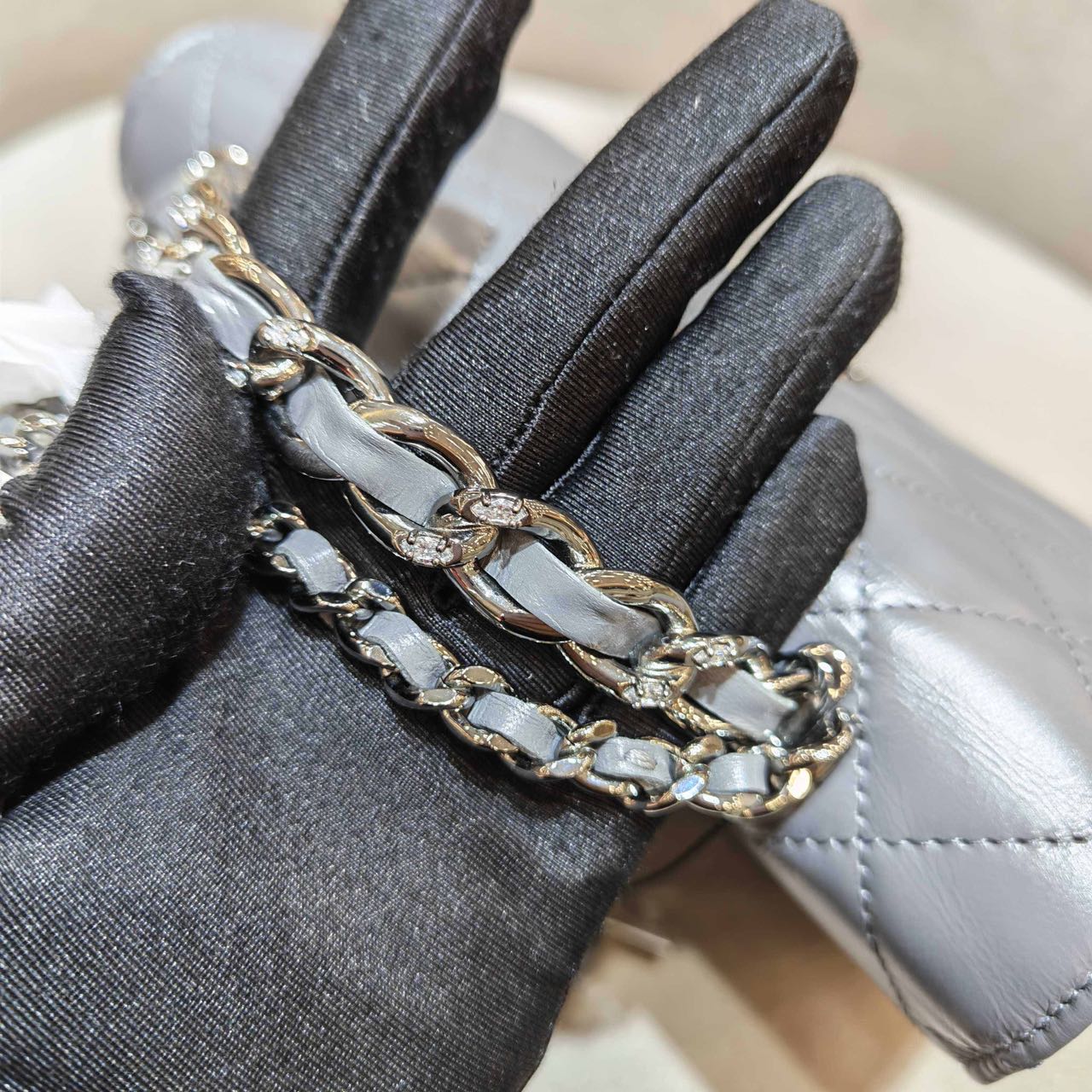 Pre-owned Certified Chanel Wallet on Chain with Top Handle in Grey Lambskin with Silver Hardware, 2023 Microchipped, w/ dust bag
