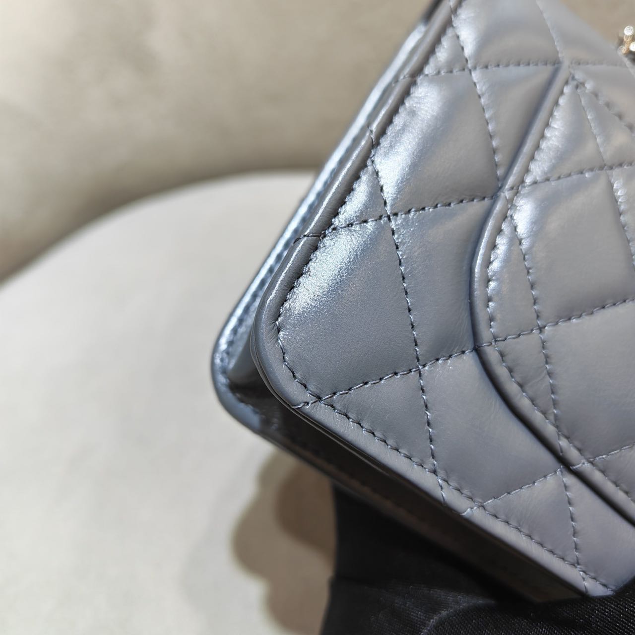 Pre-owned Certified Chanel Wallet on Chain with Top Handle in Grey Lambskin with Silver Hardware, 2023 Microchipped, w/ dust bag