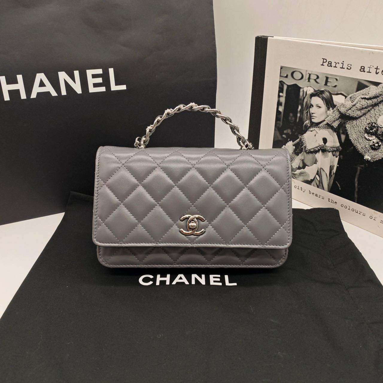 Pre-owned Certified Chanel Wallet on Chain with Top Handle in Grey Lambskin with Silver Hardware, 2023 Microchipped, w/ dust bag