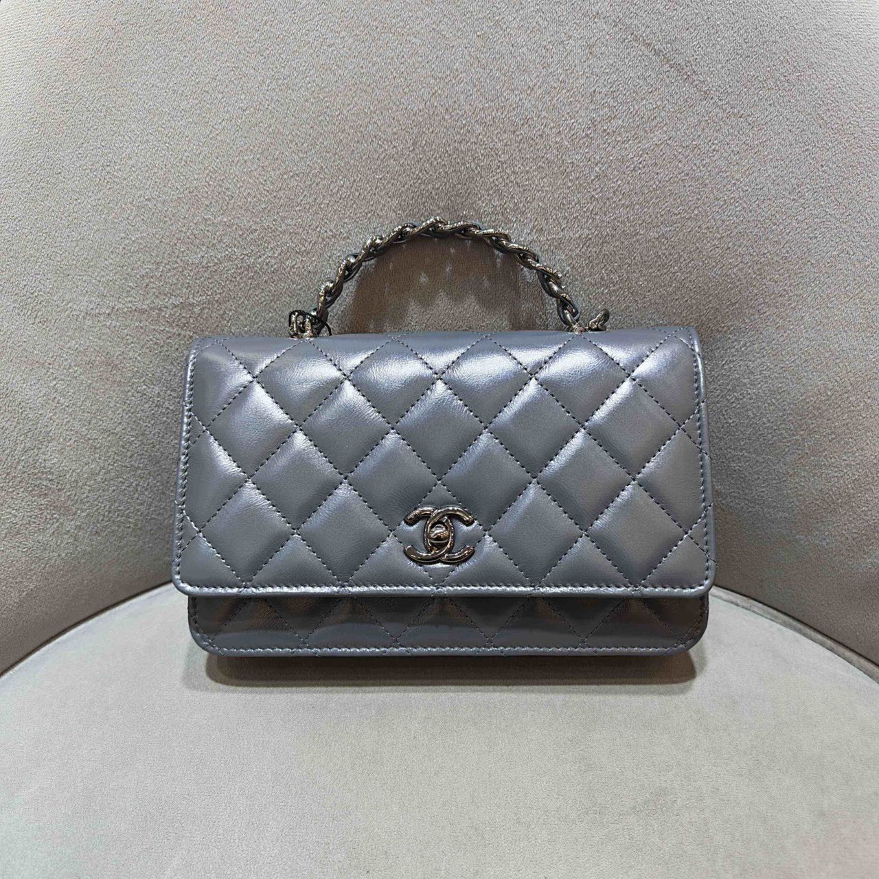 Pre-owned Certified Chanel Wallet on Chain with Top Handle in Grey Lambskin with Silver Hardware, 2023 Microchipped, w/ dust bag