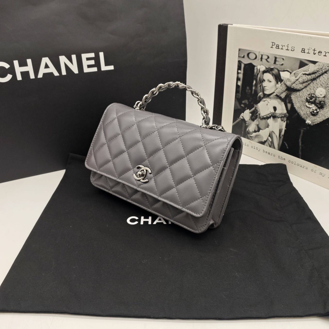 Pre-owned Certified Chanel Wallet on Chain with Top Handle in Grey Lambskin with Silver Hardware, 2023 Microchipped, w/ dust bag