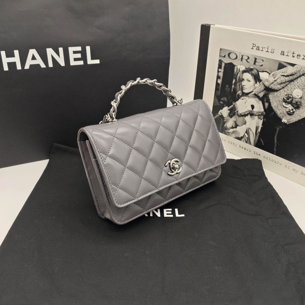 Pre-owned Certified Chanel Wallet on Chain with Top Handle in Grey Lambskin with Silver Hardware, 2023 Microchipped, w/ dust bag