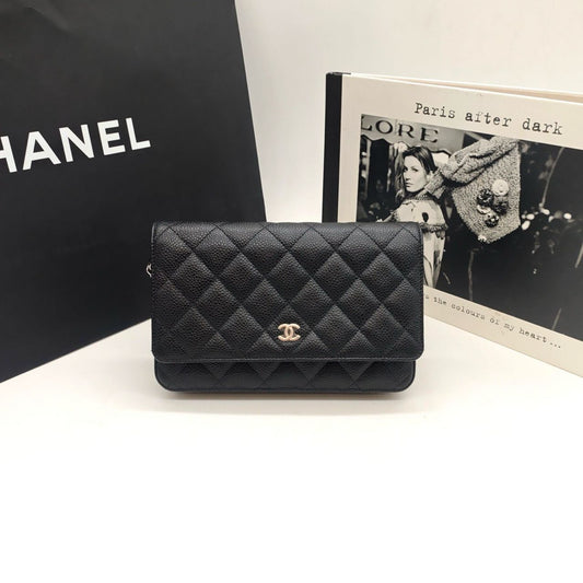 Pre-owned Certified Chanel Wallet on Chain in Black Caviar Leather with Silver Hardware, 2024 Microchipped, w/ full set