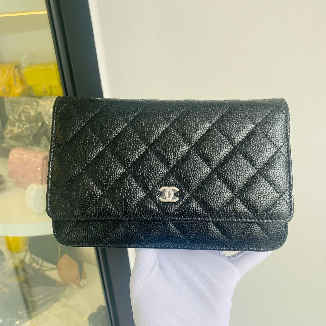 Pre-owned Certified Chanel Wallet on Chain in Black Caviar Leather with Silver Hardware, 2024 Microchipped, w/ full set