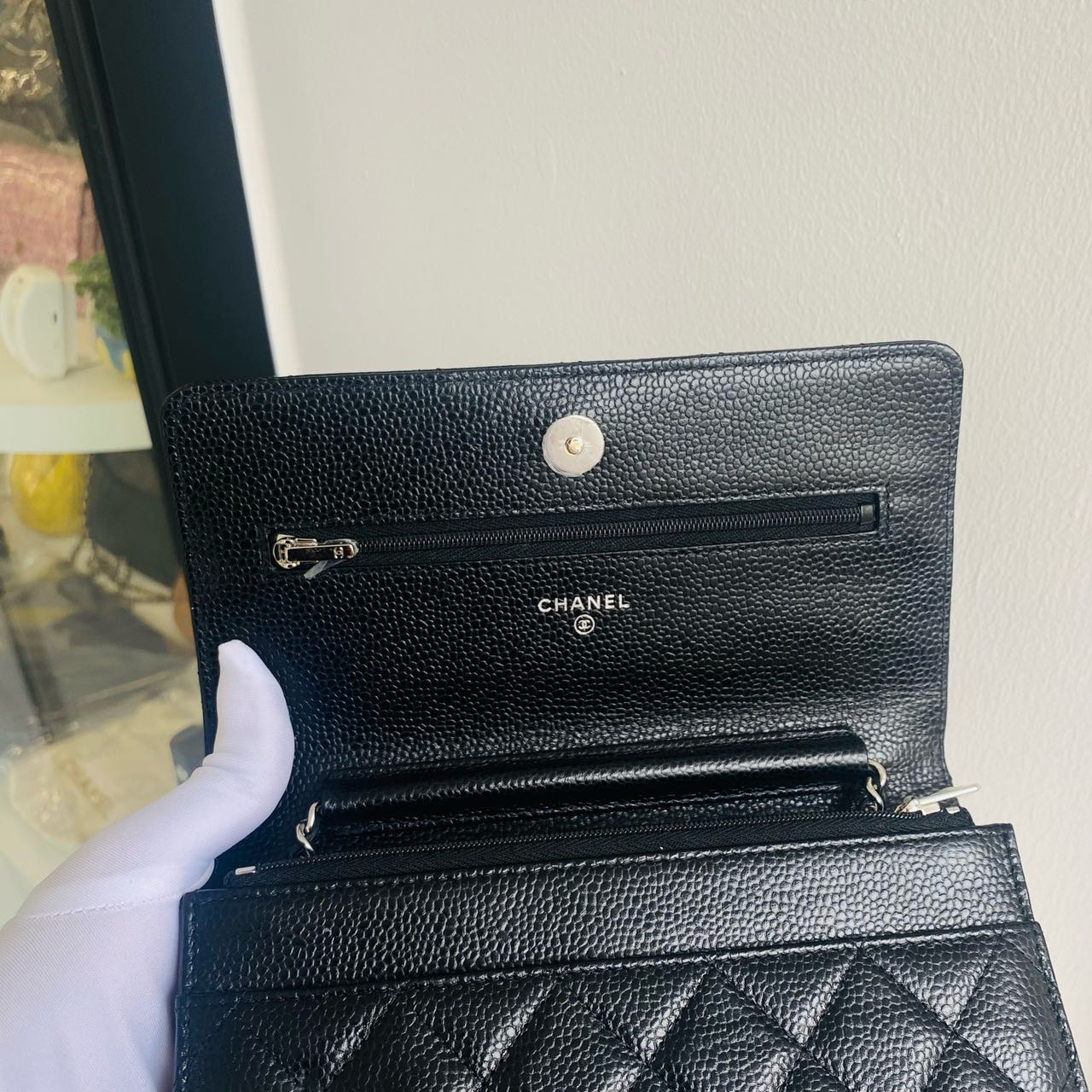 Pre-owned Certified Chanel Wallet on Chain in Black Caviar Leather with Silver Hardware, 2024 Microchipped, w/ full set