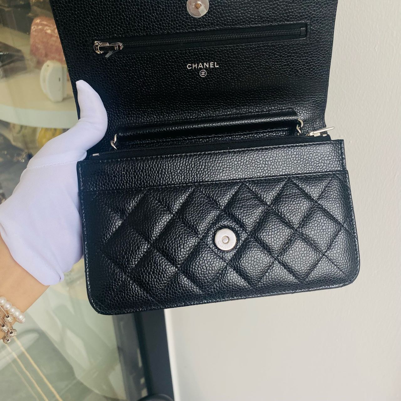 Pre-owned Certified Chanel Wallet on Chain in Black Caviar Leather with Silver Hardware, 2024 Microchipped, w/ full set