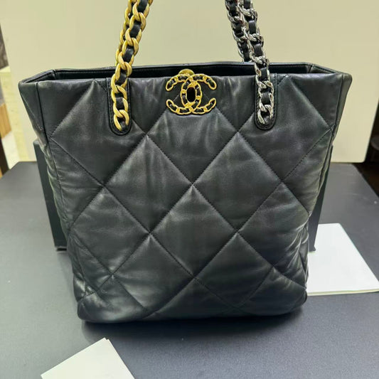 Pre-owned Certified Chanel 19 Shopper Tote Black Lambskin Golden Hw, 2023 Microchipped, w/ Full set - Chanel box, dust bag