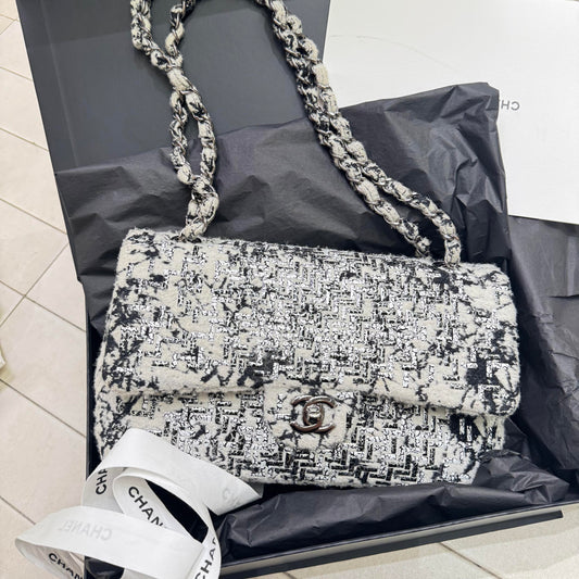Pre-owned Certified Limited Chanel Medium Timeless Double Classic Flap, Tweed with Herringbone Pattern, 2017-2018, w/ box, dust bag